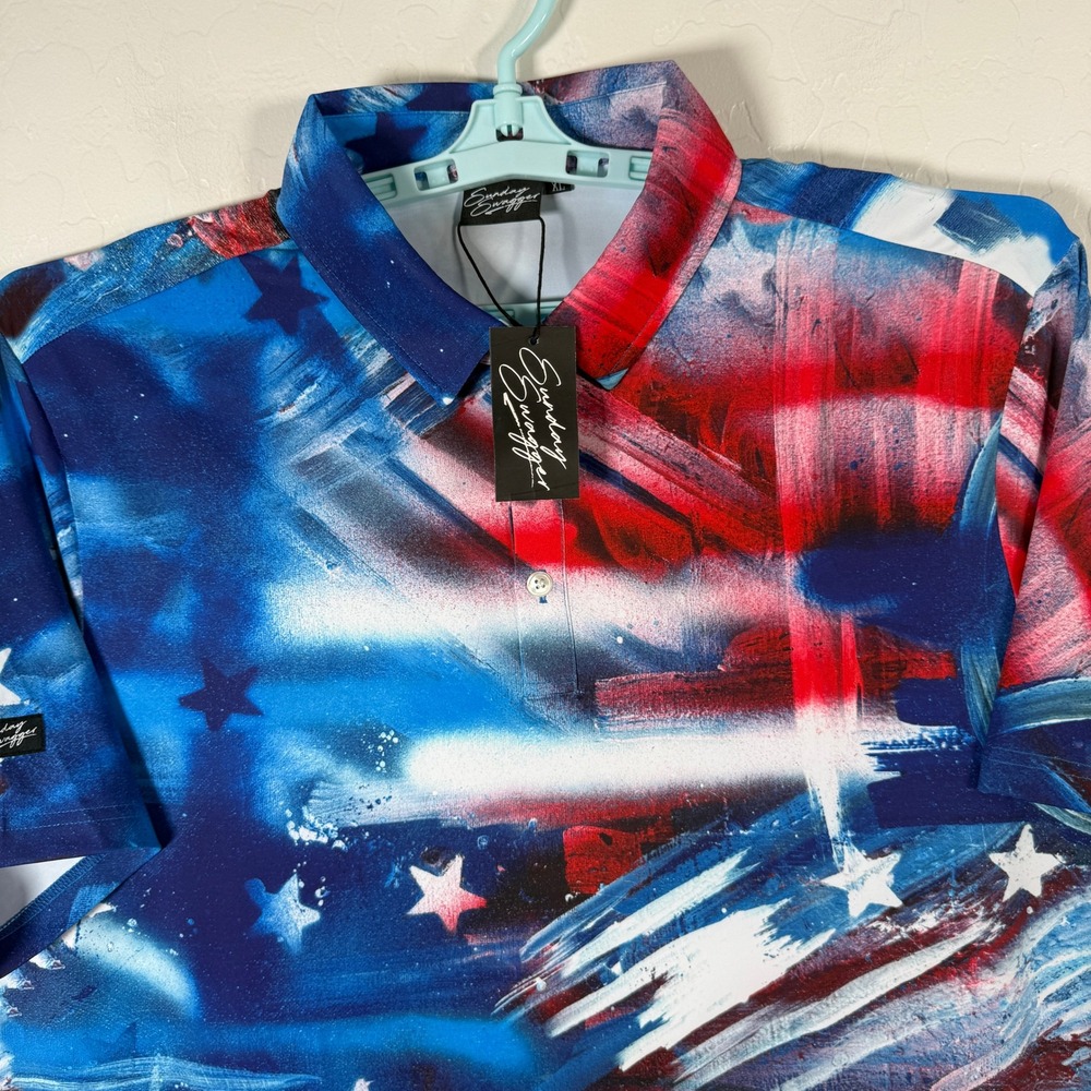 Sunday Swagger Golf Polo Mens XL Blue Red Stars USA Flag Patriotic Performance
